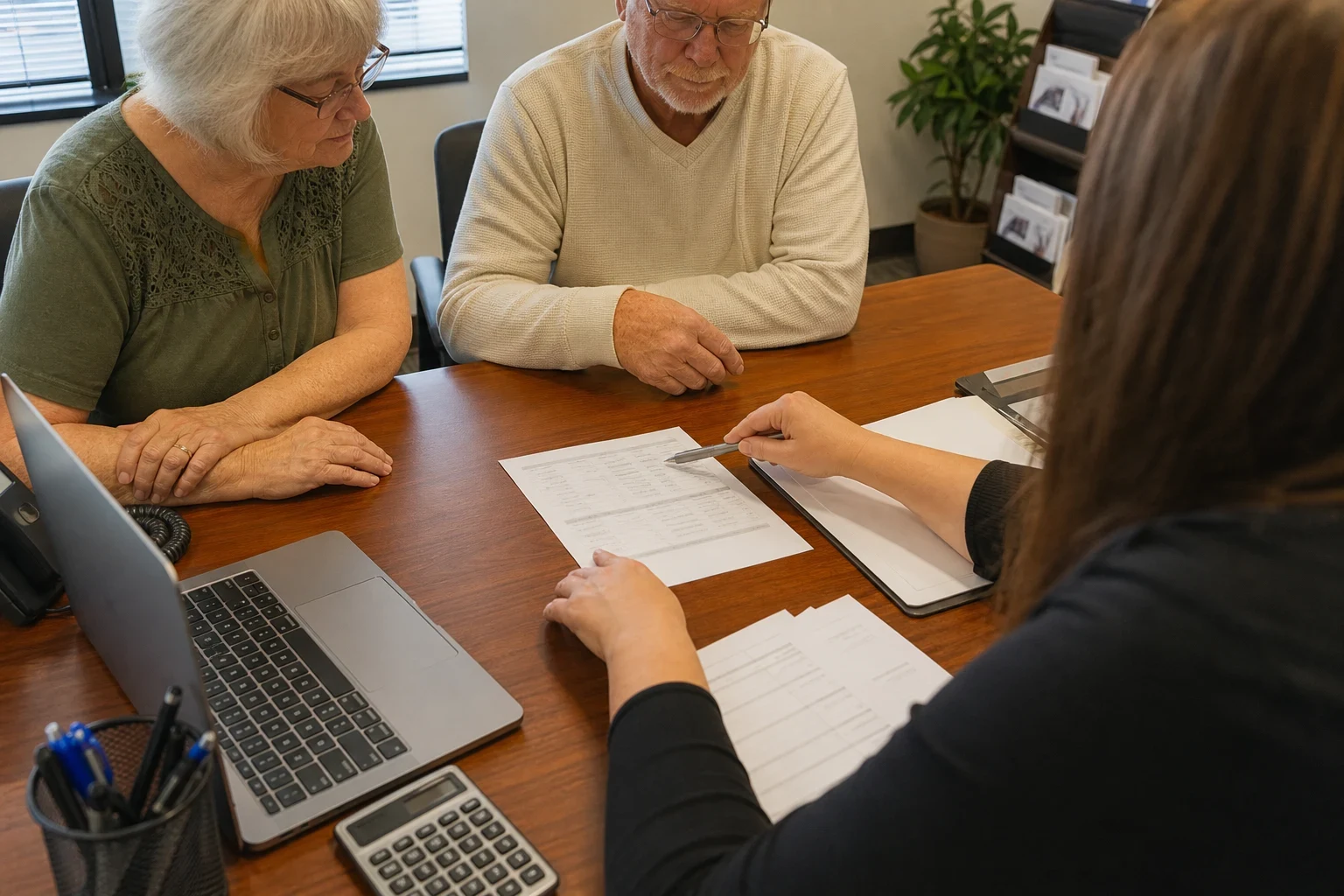 Older couple seated at a wooden office desk as an agent points with a pen to printed pages, with a laptop, calculator and pen cup on the desk