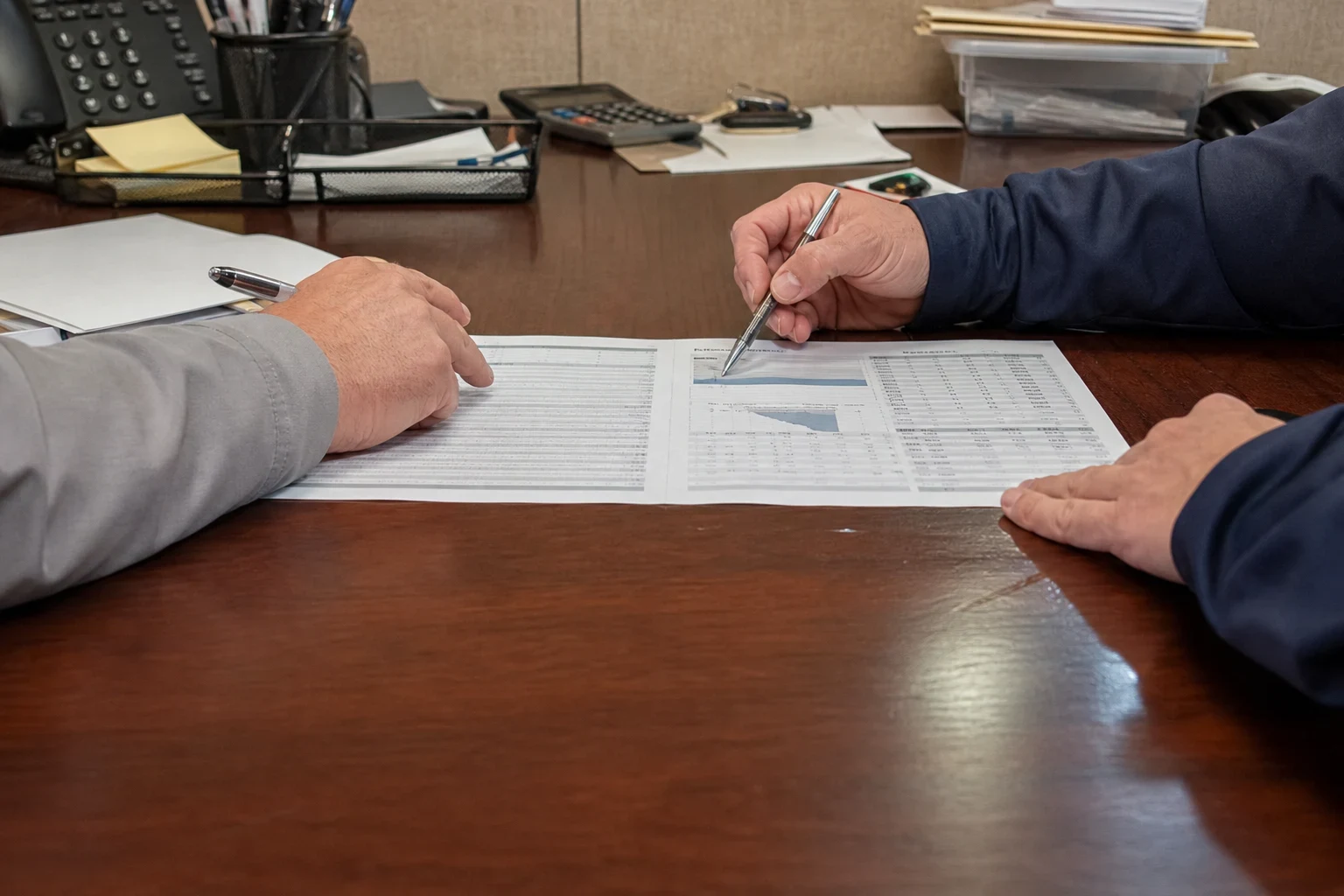 Two people's hands on a wooden office desk, one pointing a pen at a printed statement and coverage chart laid side by side, with phone, calculator and papers behind