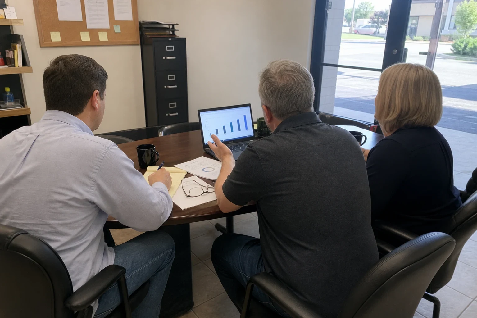 Agent in a light blue button-down takes notes on a legal pad while a business owner and his wife review a bar chart on a laptop at a round table in a storefront office