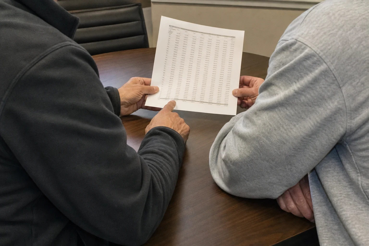Over-the-shoulder view of two people at a round wooden conference table reviewing a printed page of figures, one pointing at the numbers